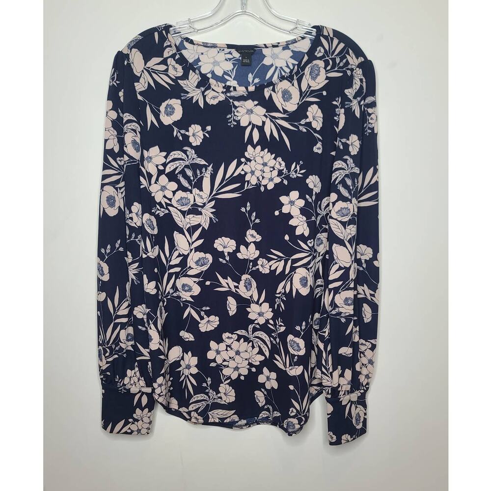 Ann Taylor blue cream long sleeve floral blouse - large